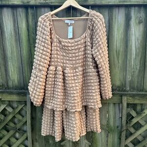 NWT Simply Southern Long Sleeve Tiered Bubble Mini Dress Puff Tan Brown Sz Large